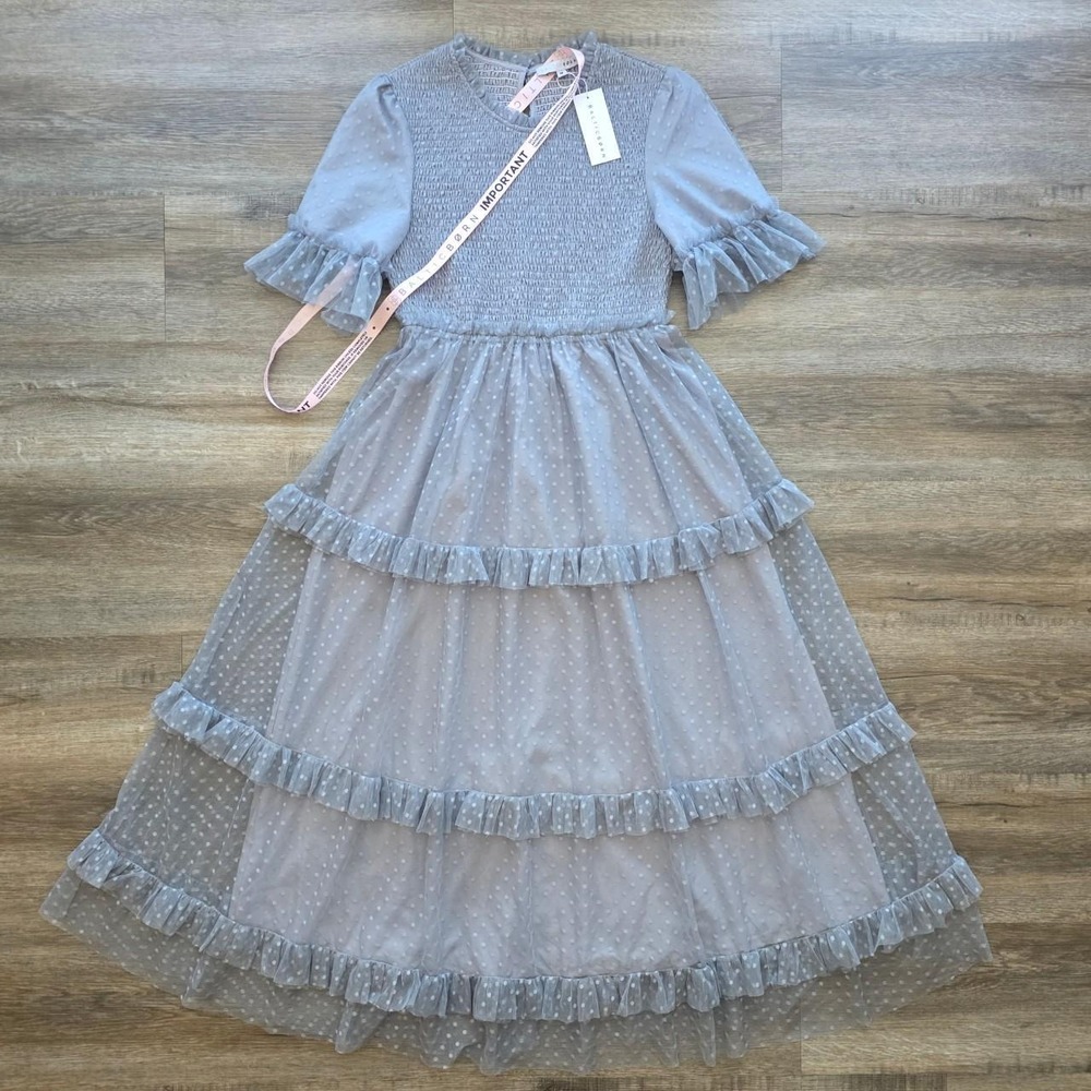 Baltic Born Lysandra Smocked Dot Tiered Maxi Dress Dusty Slate Blue Gray Large L